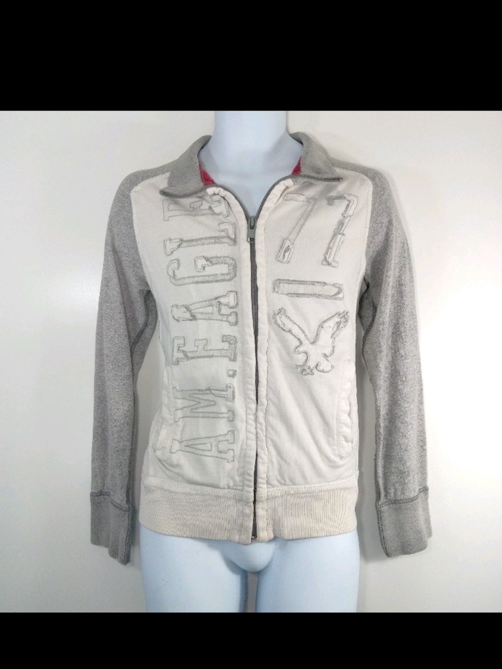 American Eagle Outfitters Vintage Fit Cream & Gray Zip-Up Bomber Jacket